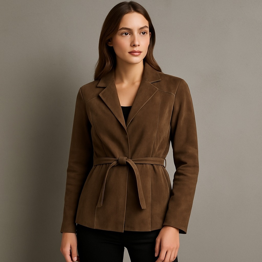 Marcelle Renee Brown Suede Leather Belt Wrap Jacket Womens Medium Notched‎ Lapel